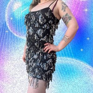 vtg y2k crystal sky mcbling sequin ultra mini semi-formal flapper dress, sz sm